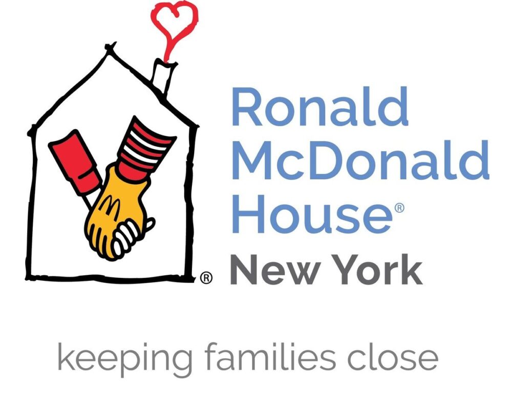 Logo of Ronald McDonald House New York, featuring a stylized house with hands clasped in solidarity and a heart symbol above, accompanied by the slogan 'keeping families close.