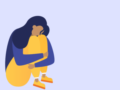 Illustration Of A Person Sitting On The Ground In A Curled-up Position, Hugging Their Knees, Conveying A Sense Of Sadness Or Introspection, Set Against A Soft Pastel Background.