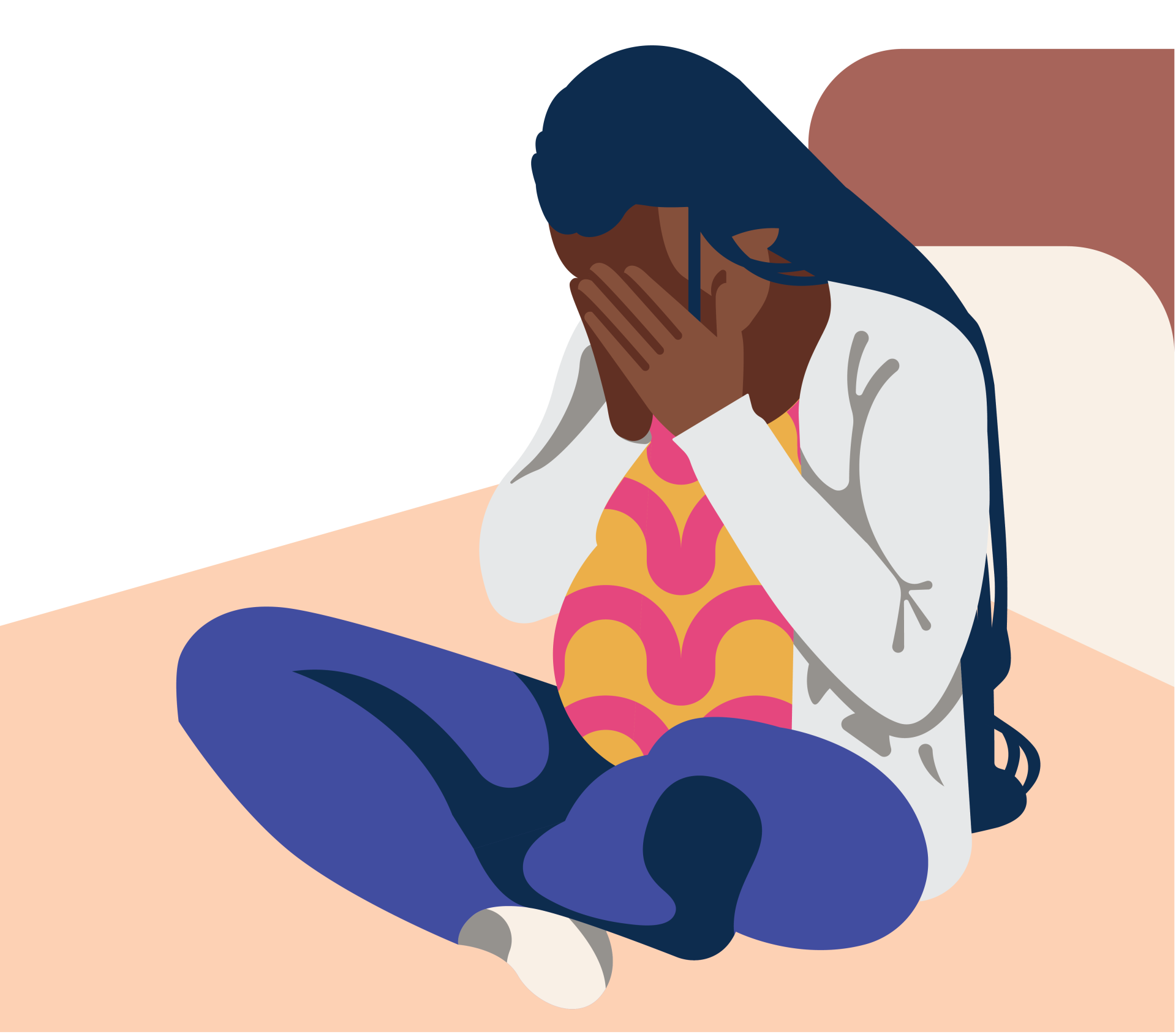 Illustration of a pregnant woman sitting cross-legged on a bed, with her hands covering her face in a gesture of distress. She is wearing a colorful patterned top, a white cardigan, and blue pants, conveying emotions of sadness or overwhelm in a serene bedroom setting.