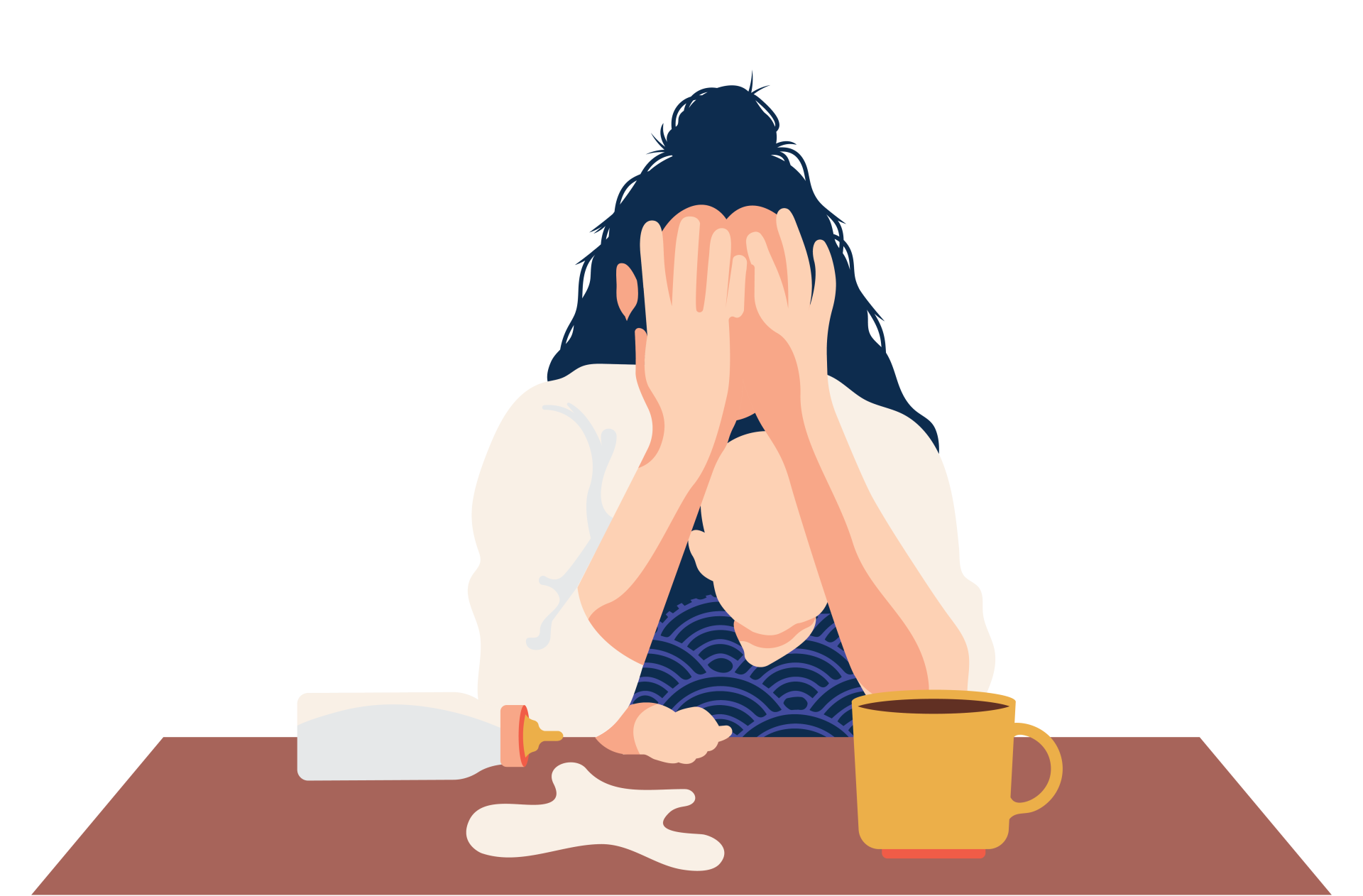 TMC_illo_GP_23-05 Illustration of a stressed mother sitting at a table with her head in her hands. A spilled baby bottle and a cup of coffee are on the table, symbolizing exhaustion and overwhelm in the context of parenting.