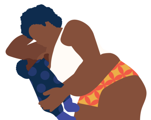 Untitled2 Illustration of a woman with curly dark hair wearing a white top and patterned orange underwear, tenderly holding and breastfeeding a baby wrapped in a navy blue blanket with peach polka dots.